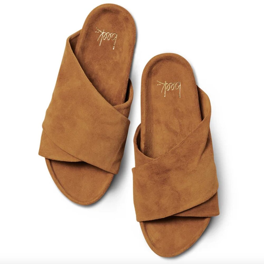 Beek Kea Caramel Suede Slides Size 9